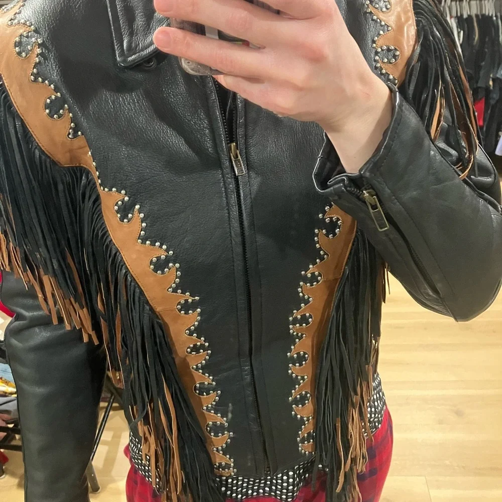 Black and Brown Fringe Leather Jacket - Picture 5 of 5